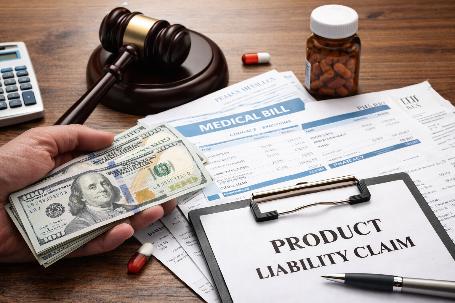 Compensation in a product liability claim shown with settlement money, medical bills, prescription bottle, and judge&rsquo;s gavel representing financial recovery for defective product injuries.