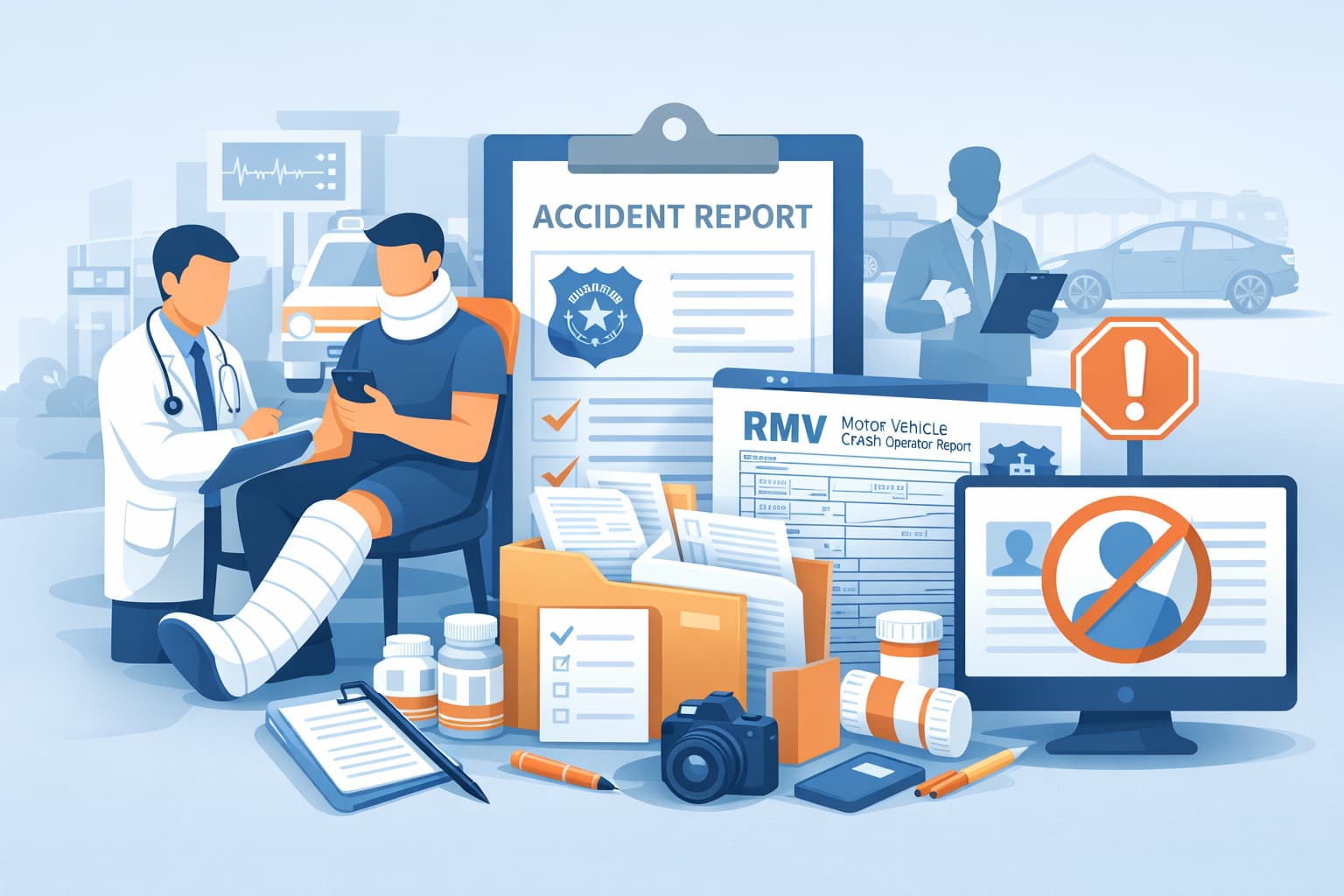 Flat vector illustration showing steps to protect pedestrian accident compensation, including medical care, accident reports, documentation, and insurance caution.