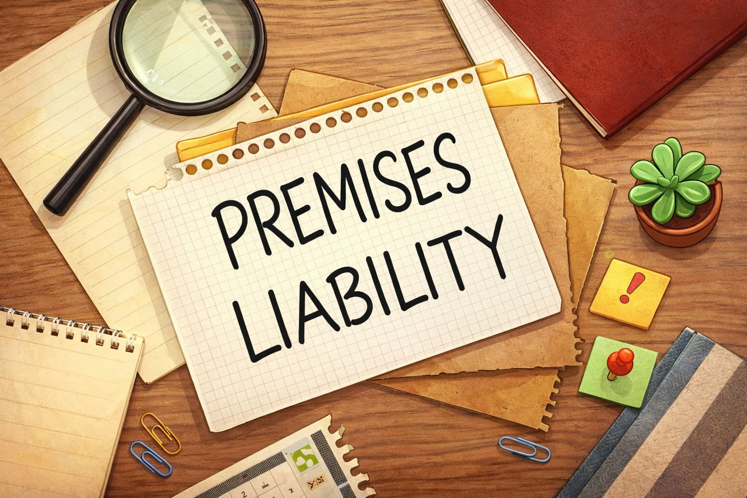Premises liability concept illustrated with documents, magnifying glass, and notes on a desk, representing legal investigation and proof of property owner negligence.
