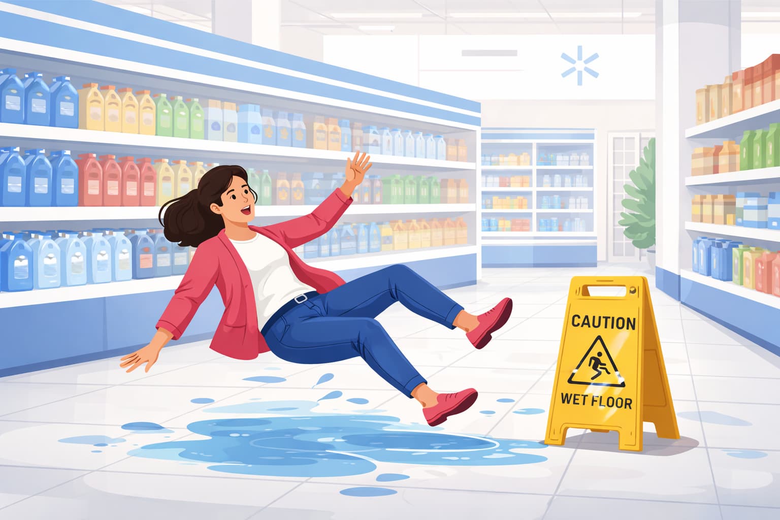 Flat vector illustration of a woman slipping on a wet floor inside a Walmart store, with a visible yellow &ldquo;Caution Wet Floor&rdquo; sign warning customers of the hazard.