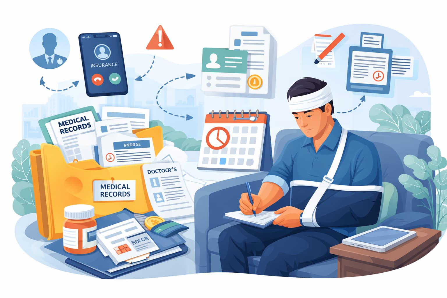 Flat vector illustration of an injured bus accident victim at home organizing medical records, tracking expenses, and noting deadlines to protect compensation rights.