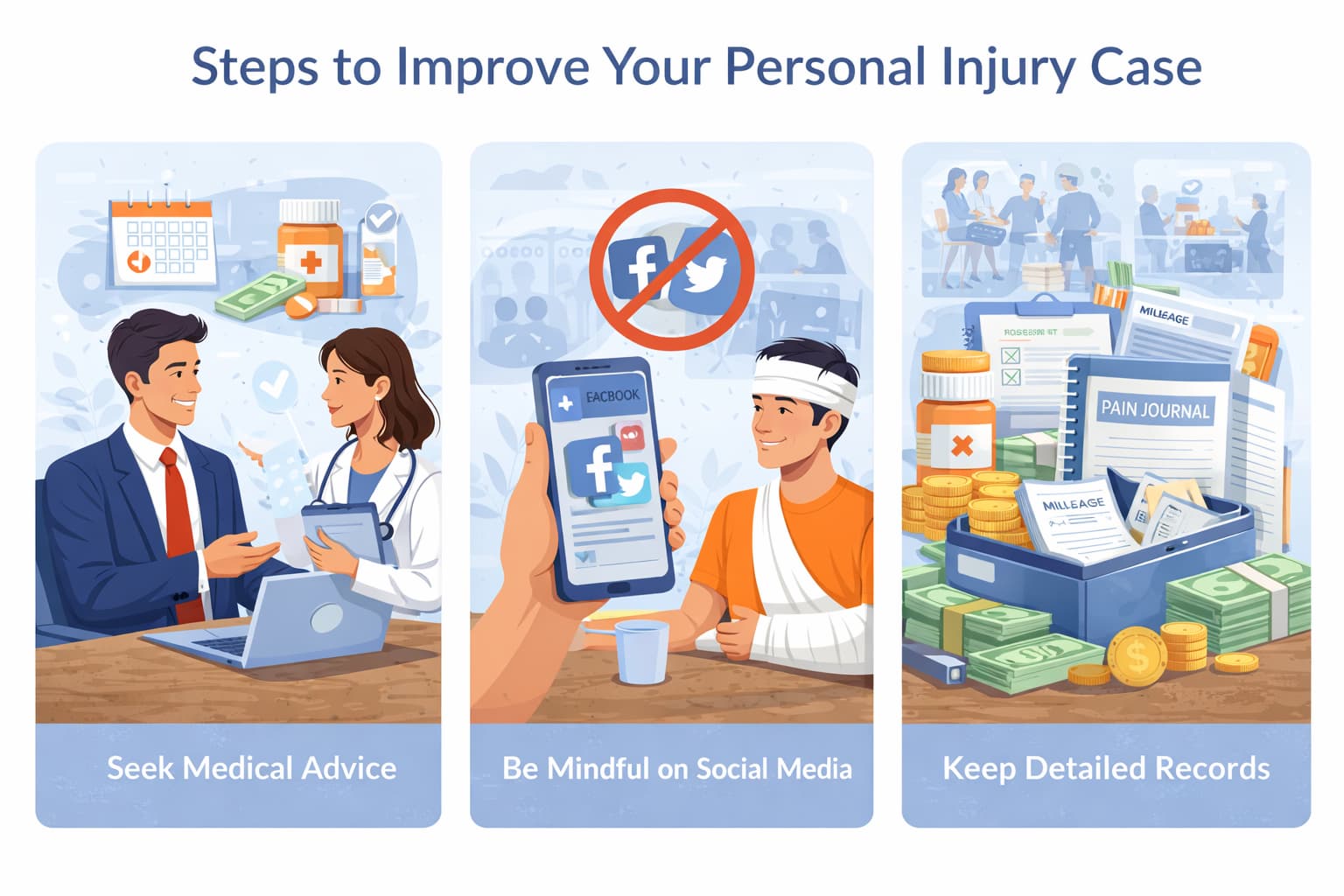 Illustration showing steps to strengthen a personal injury case, including medical treatment, avoiding social media posts, and keeping detailed injury records