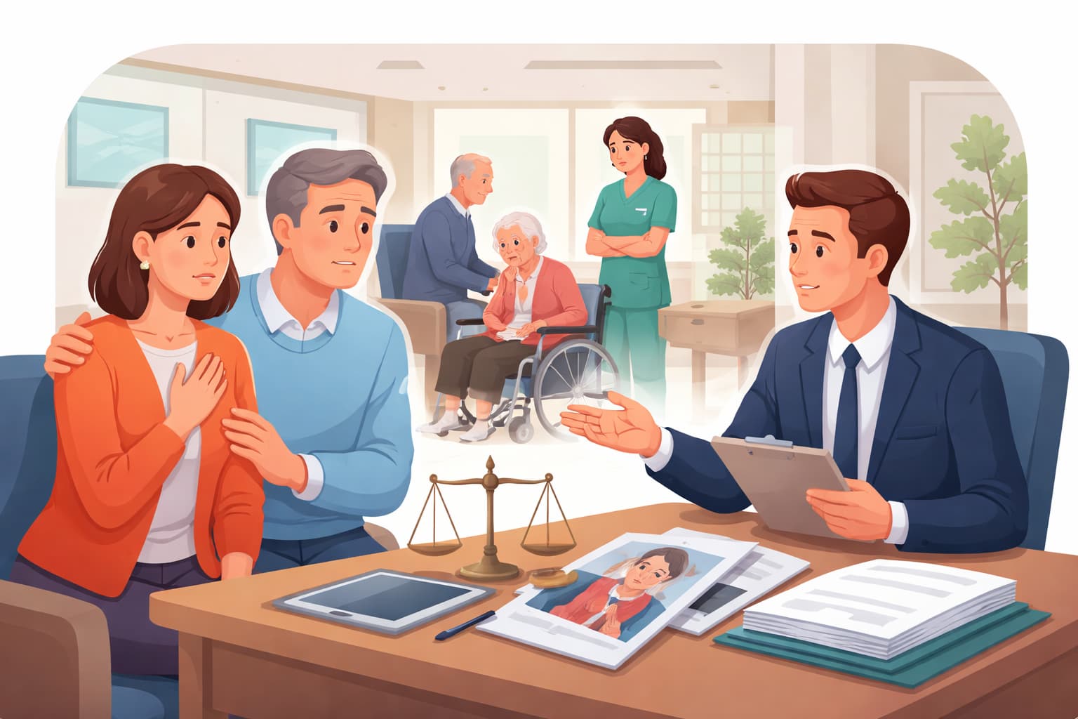 Flat vector illustration of a Boston family meeting a lawyer about nursing home abuse while an elderly resident sits in a wheelchair.