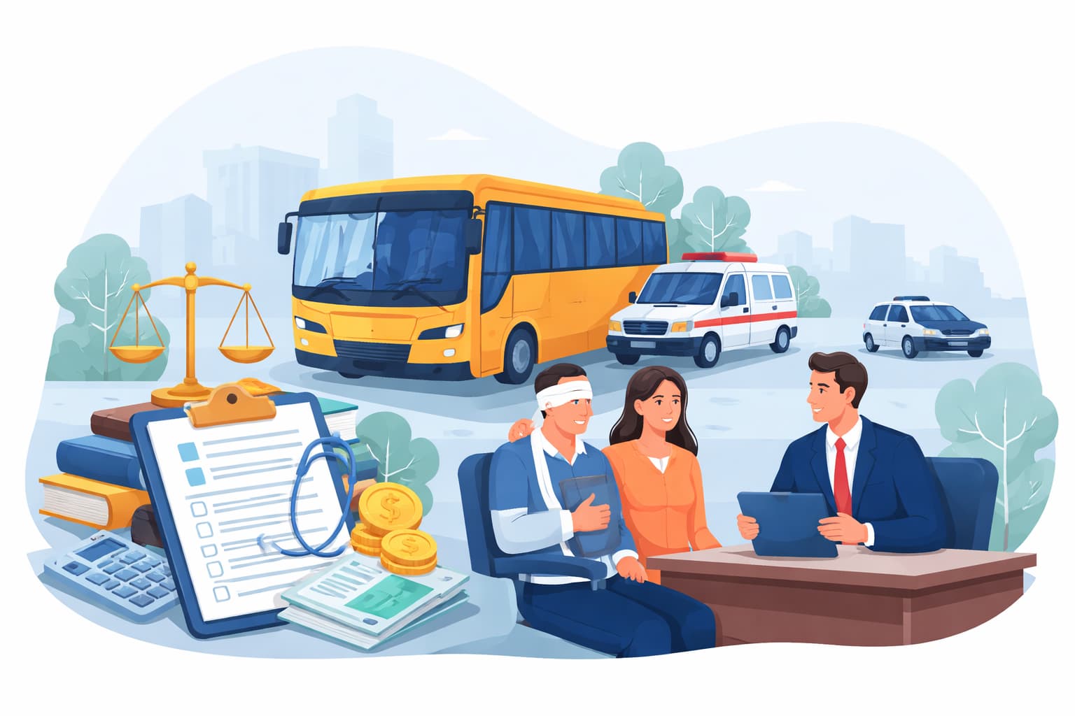 Flat vector illustration showing an injured bus accident victim consulting a lawyer, with a bus, ambulance, medical bills, and legal scales representing compensation claims.