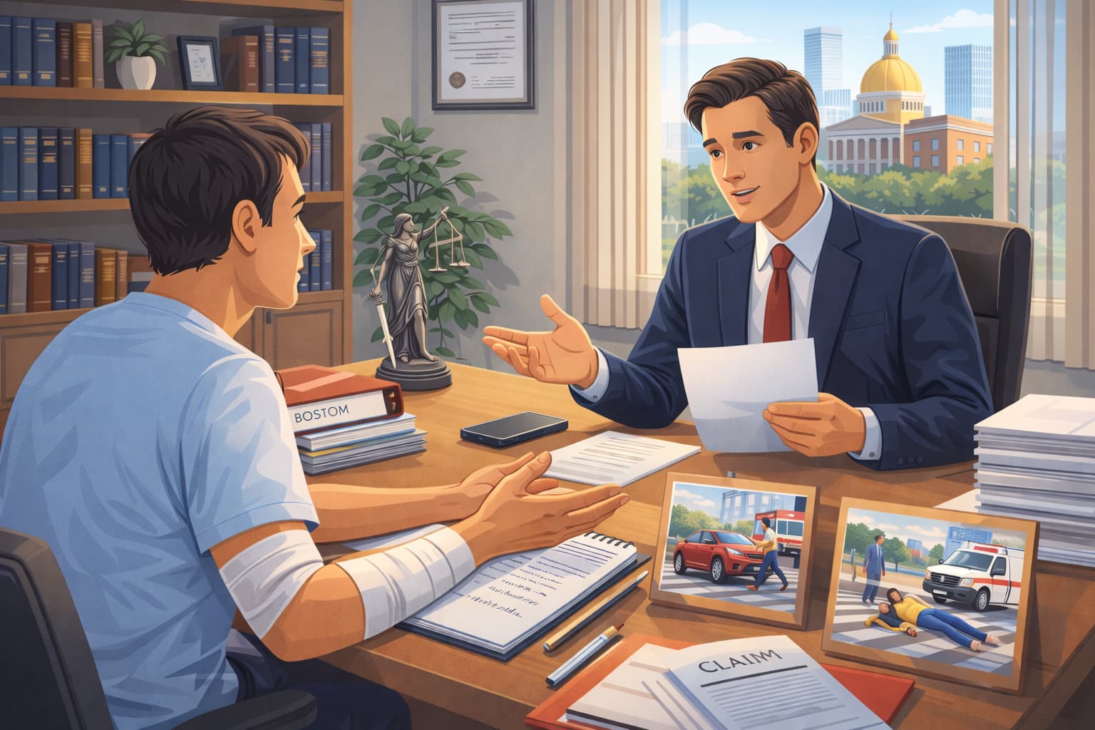Flat vector illustration of an injured pedestrian meeting with a Boston pedestrian accident lawyer to review accident details and legal documents.