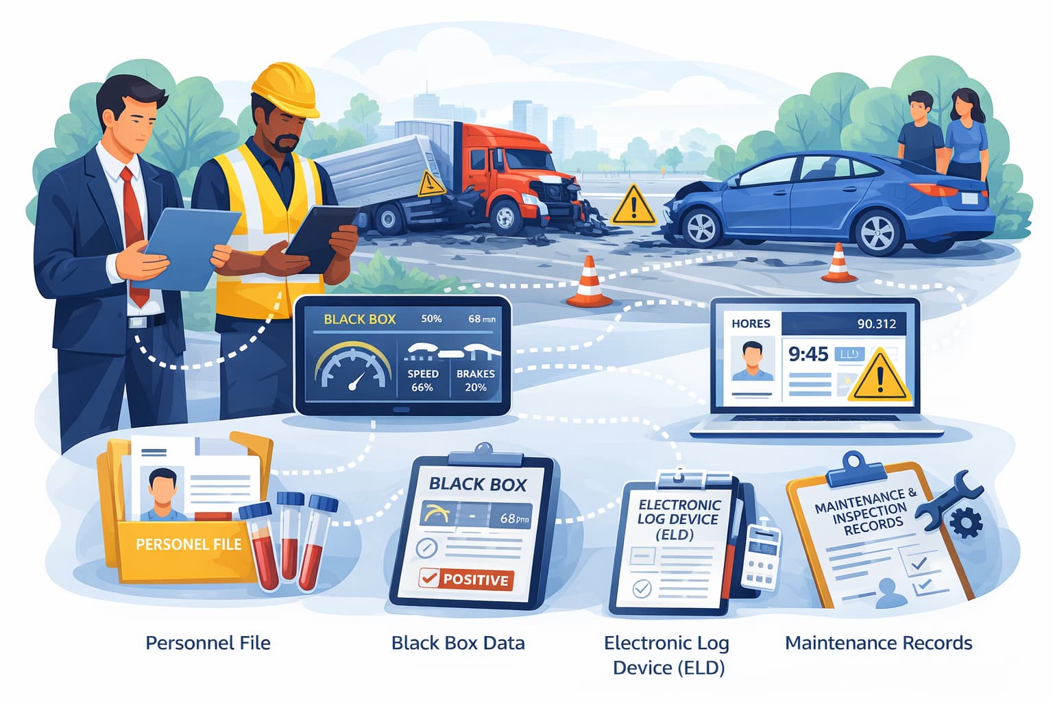 Flat vector illustration showing how liability is established in a Massachusetts commercial truck crash using black box data, driver logs, and maintenance records.