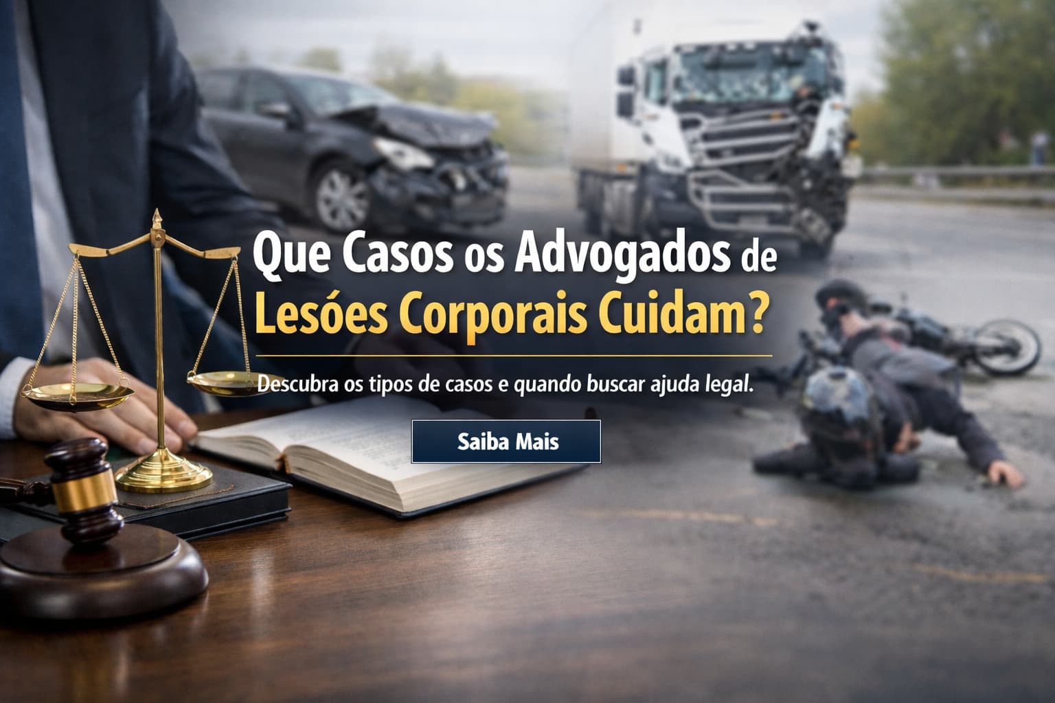 Cena ilustrando casos de les&otilde;es corporais envolvendo acidentes de carro, caminh&atilde;o e motocicleta tratados por advogados especializados.