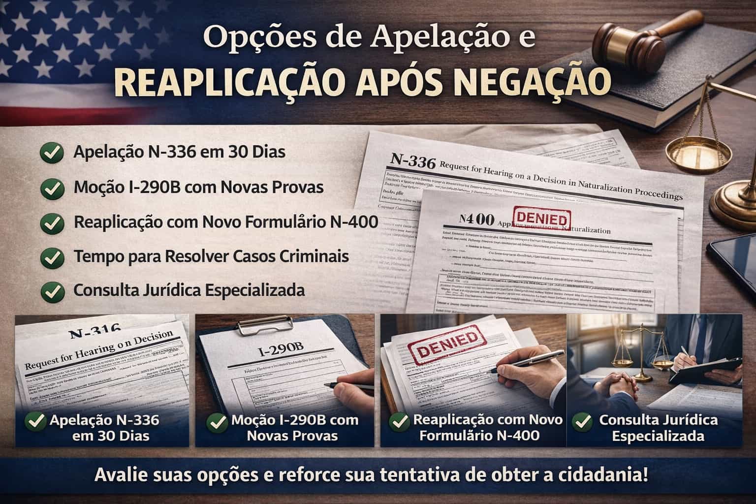 Op&ccedil;&otilde;es de apela&ccedil;&atilde;o e reaplica&ccedil;&atilde;o ap&oacute;s nega&ccedil;&atilde;o da cidadania dos EUA, incluindo N-336, I-290B, novo N-400 e consulta jur&iacute;dica