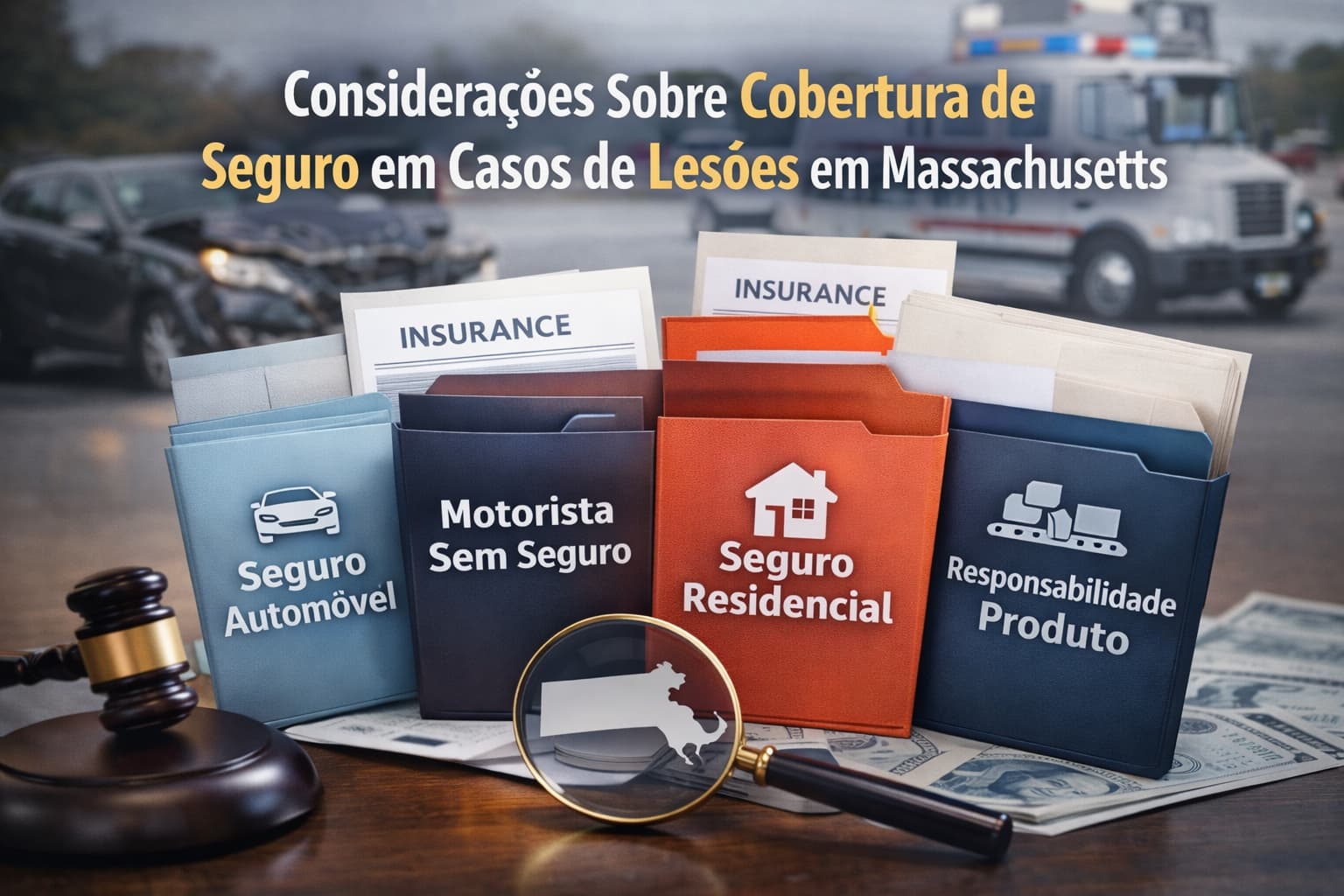 Ilustra&ccedil;&atilde;o mostrando tipos de cobertura de seguro em casos de les&otilde;es corporais em Massachusetts, incluindo seguro autom&oacute;vel, residencial e responsabilidade.