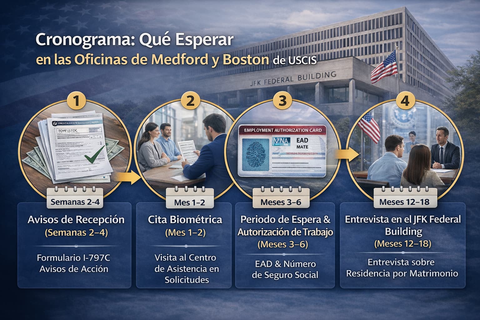 Cronograma del proceso de residencia por matrimonio en las oficinas de USCIS de Medford y Boston, mostrando avisos, cita biom&eacute;trica, permiso de trabajo y entrevista final.