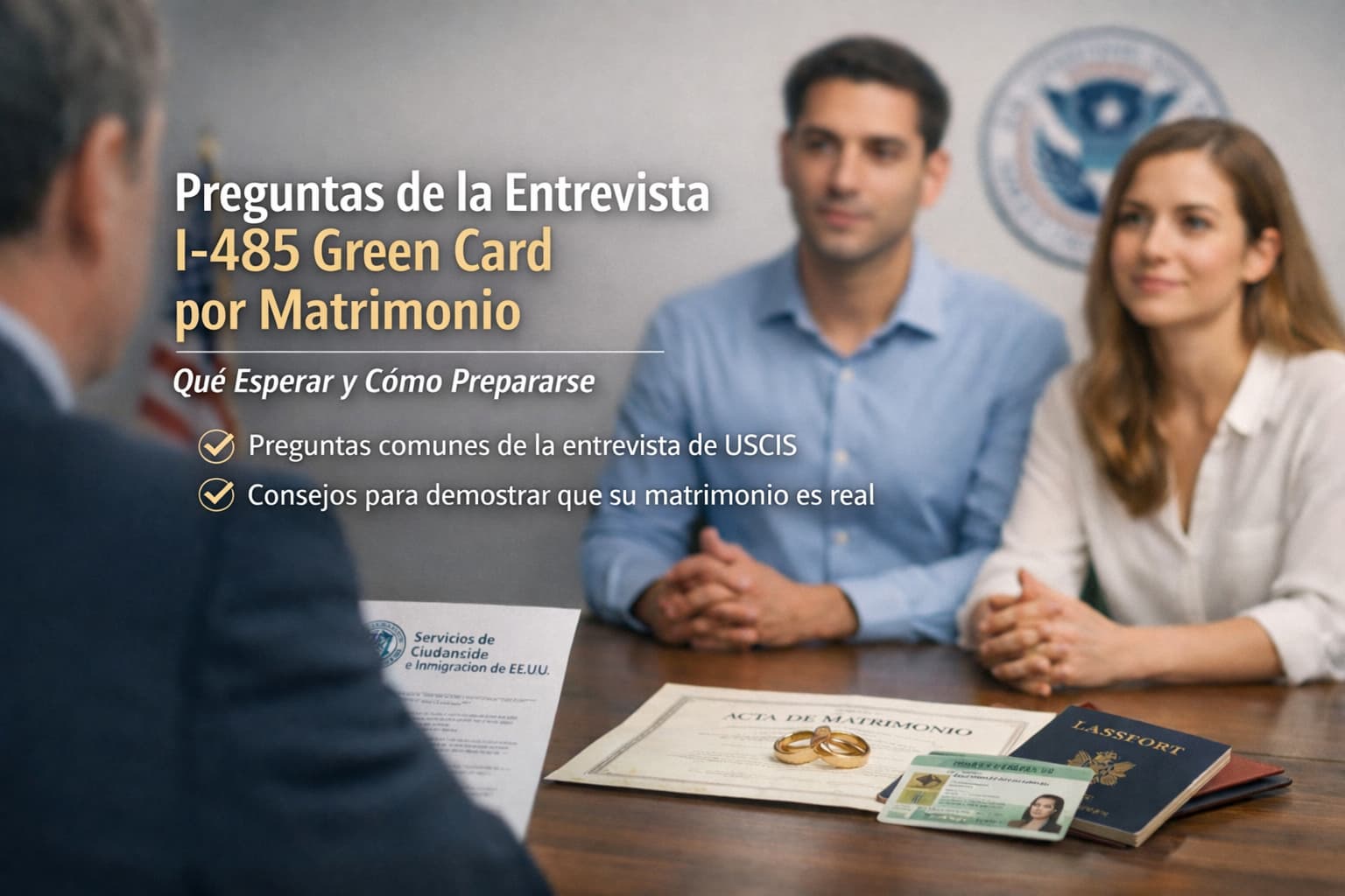 Pareja en entrevista I-485 de Green Card por matrimonio con oficial de USCIS revisando documentos