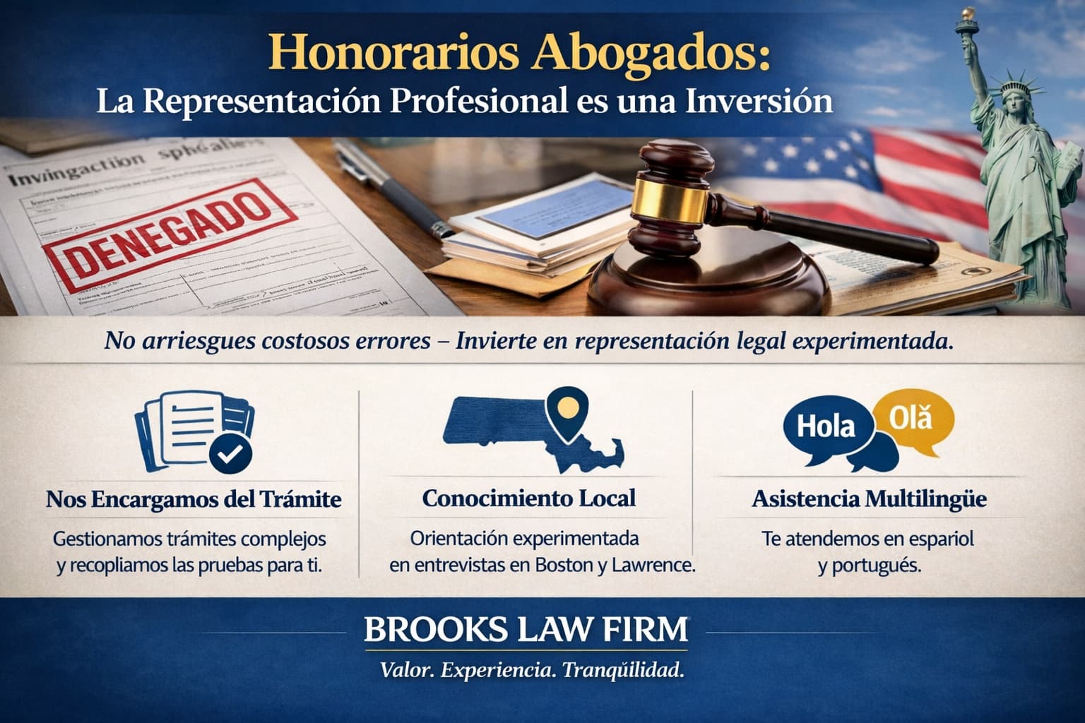 Honorarios De Abogados De Inmigración En Medford, Massachusetts Honorarios de abogados de inmigración en Medford, MA con solicitud denegada, juez, Estatua de la Libertad y servicios legales