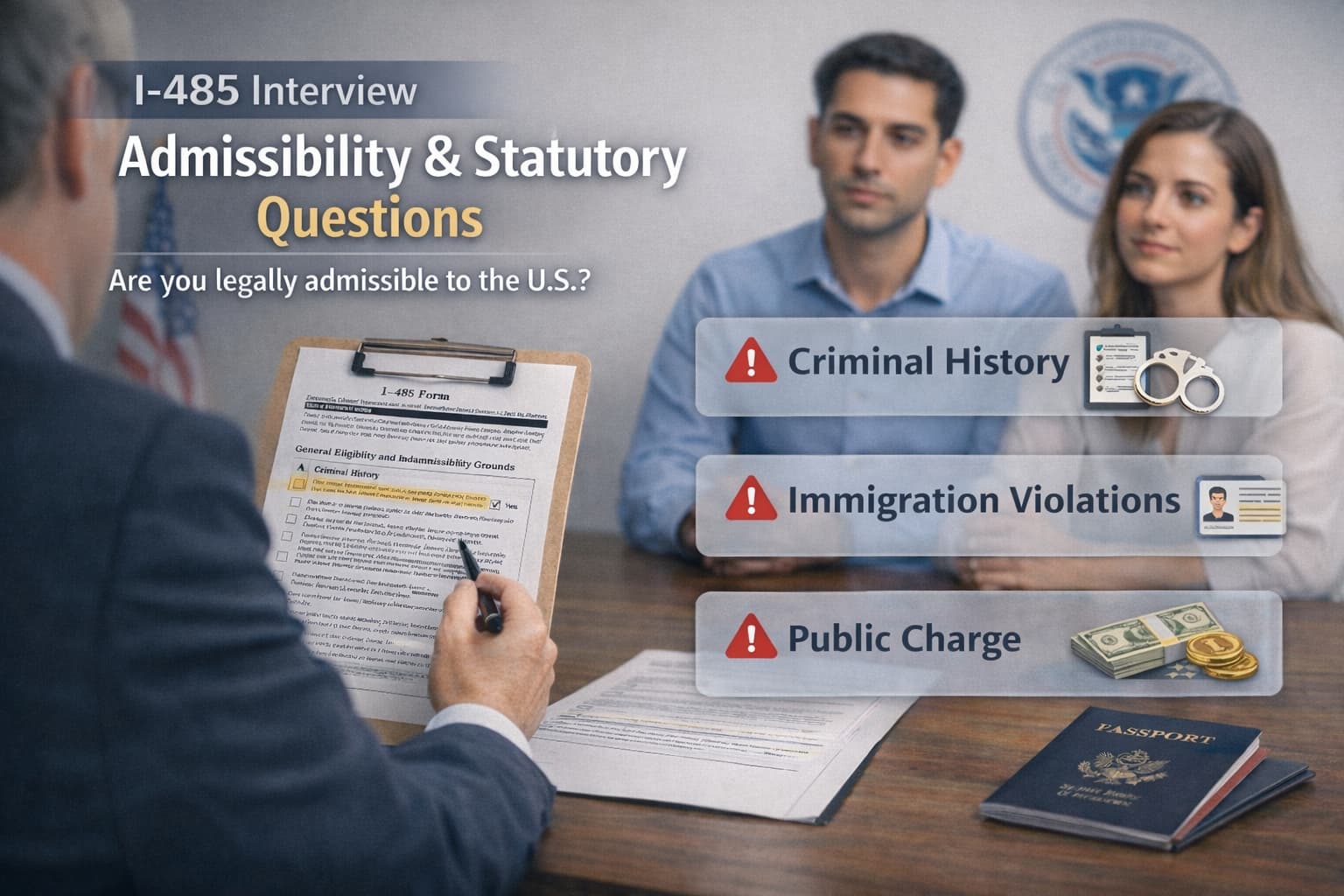 USCIS officer reviewing I-485 admissibility questions with married couple during a marriage-based green card interview