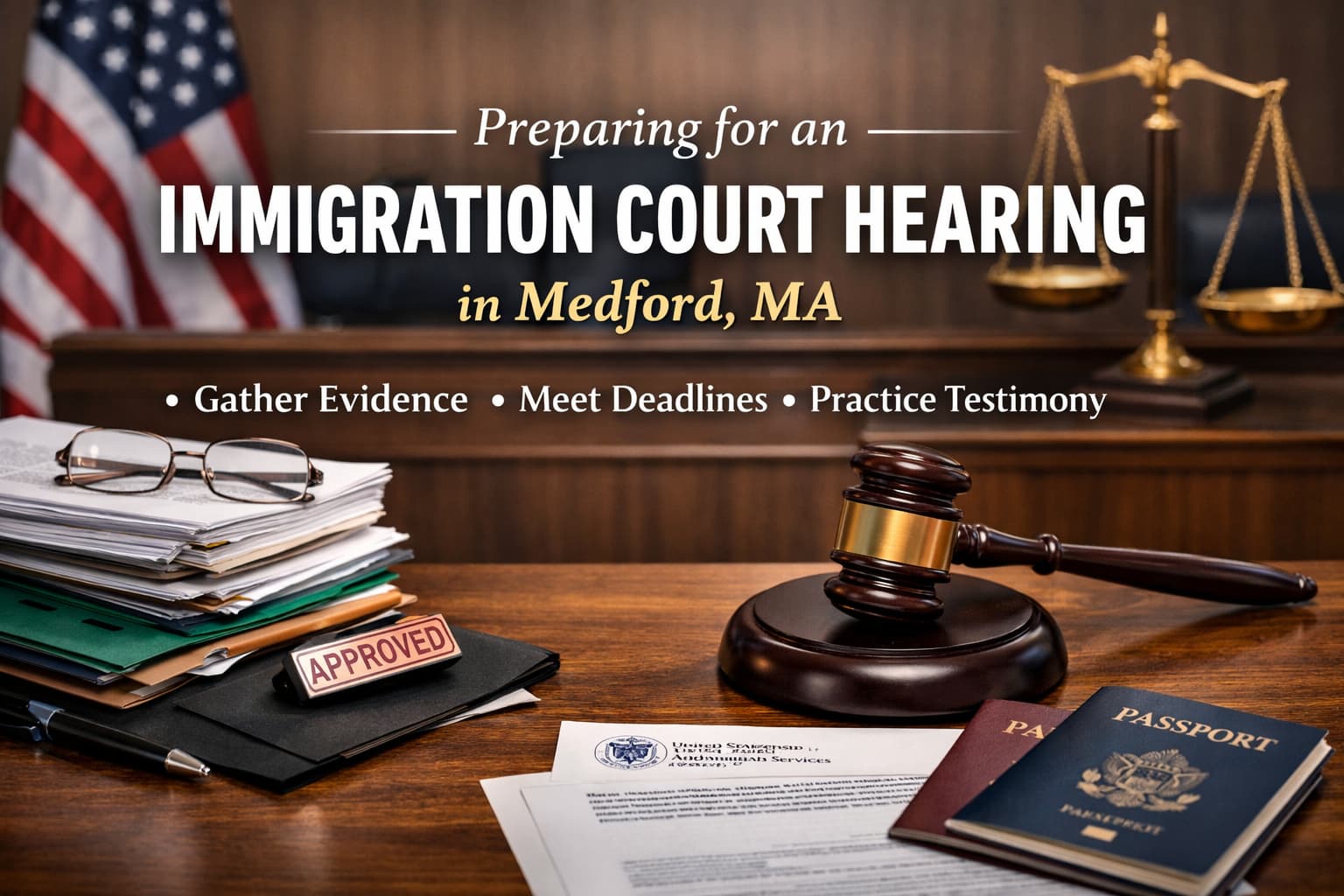 Preparing for an immigration court hearing in Medford, Massachusetts with legal documents, gavel, and evidence checklist