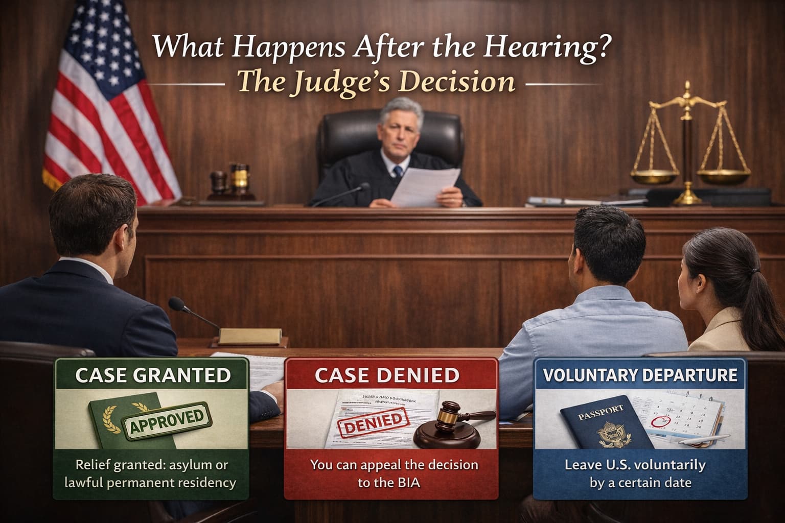 Immigration court judge issuing a decision after a hearing showing granted, denied, and voluntary departure outcomes