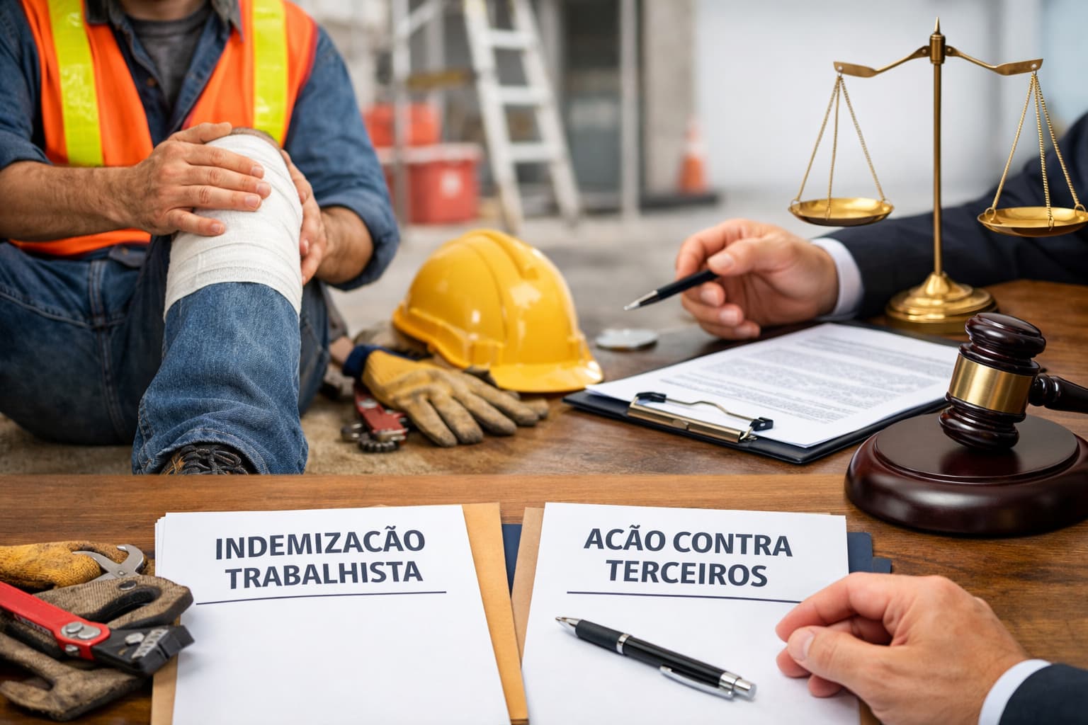 Indenização trabalhista vs ação contra terceiros em Massachusetts Trabalhador da construção civil ferido com perna enfaixada ao lado de documentos legais, representando indenização trabalhista e ação contra terceiros.