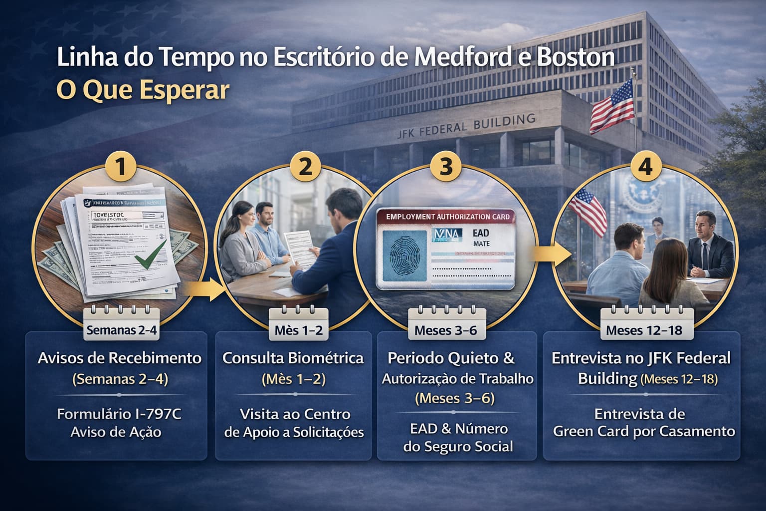 Linha do tempo do Green Card por casamento em Medford e Boston com prazos do USCIS, biometria, EAD e entrevista no JFK Federal Building