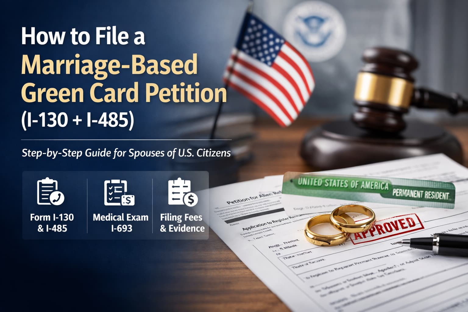 Marriage-based Green Card filing guide showing I-130 and I-485 forms, approved petition, wedding rings, and U.S. immigration documents
