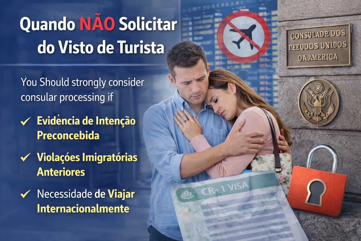 Casal em frente a consulado dos EUA ilustrando quando n&atilde;o solicitar Green Card a partir de visto de turista e optar por processamento consular