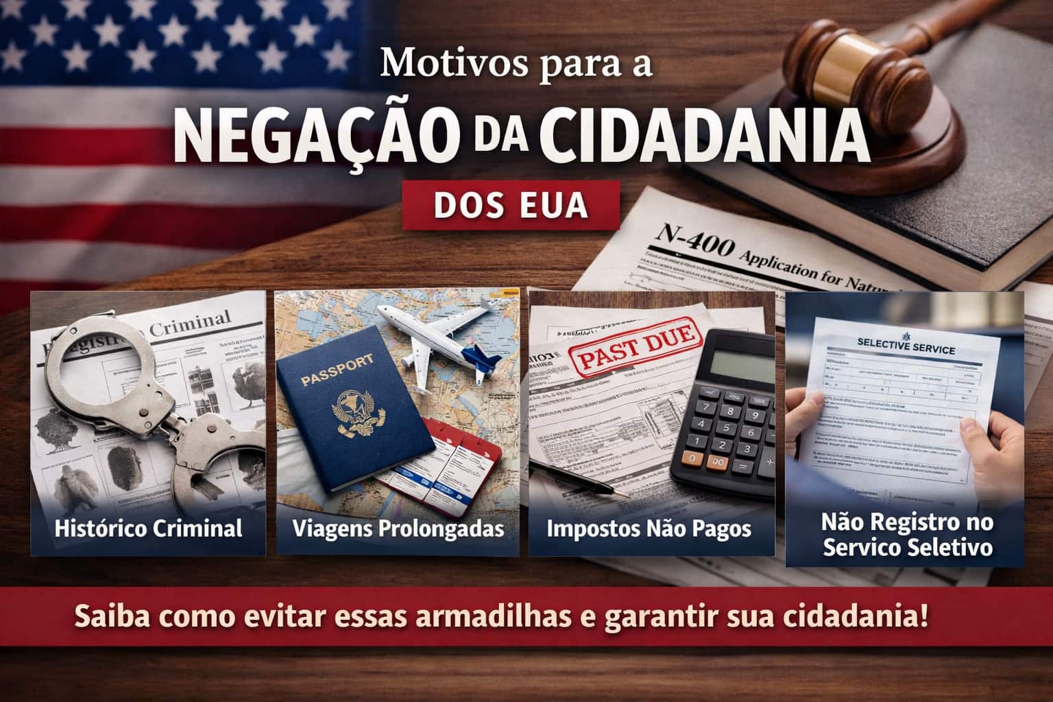 Motivos comuns para nega&ccedil;&atilde;o da cidadania americana incluindo hist&oacute;rico criminal, viagens prolongadas, impostos n&atilde;o pagos e falhas no N-400