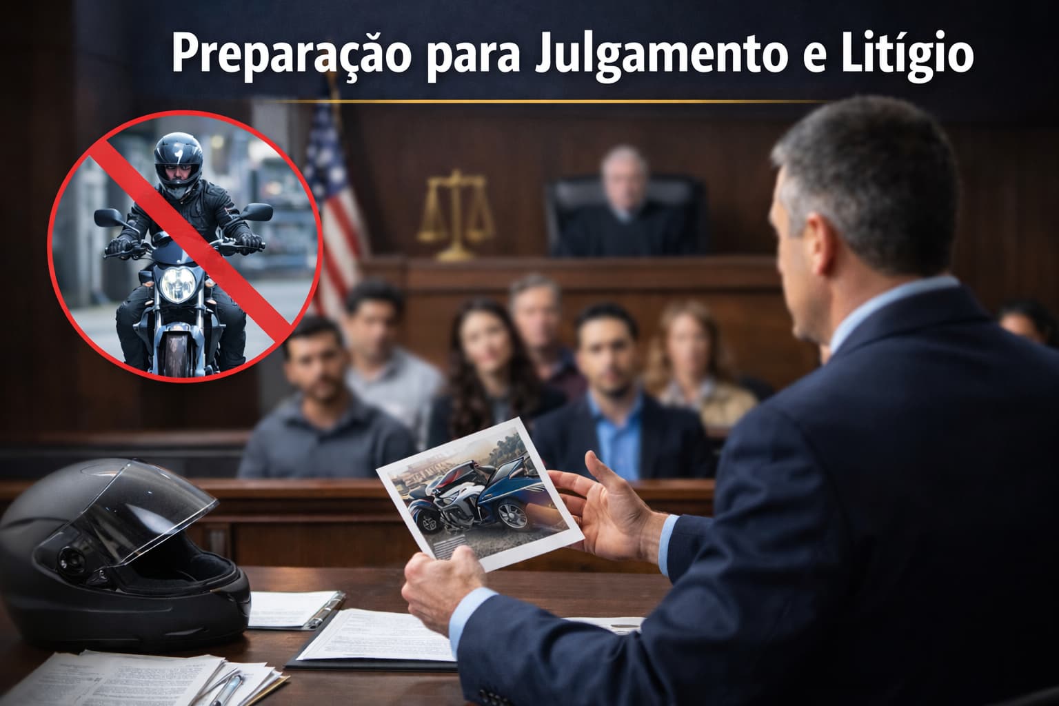 Advogado de acidentes de moto apresentando provas em julgamento com j&uacute;ri durante processo de lit&iacute;gio em Massachusetts
