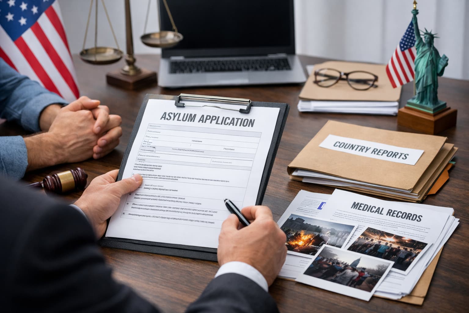 Como Provar Perseguição em um Caso de Asilo em Massachusetts Advogado de imigração analisando provas de perseguição em caso de asilo em Massachusetts, com pedido de asilo, registros médicos e relatórios do país