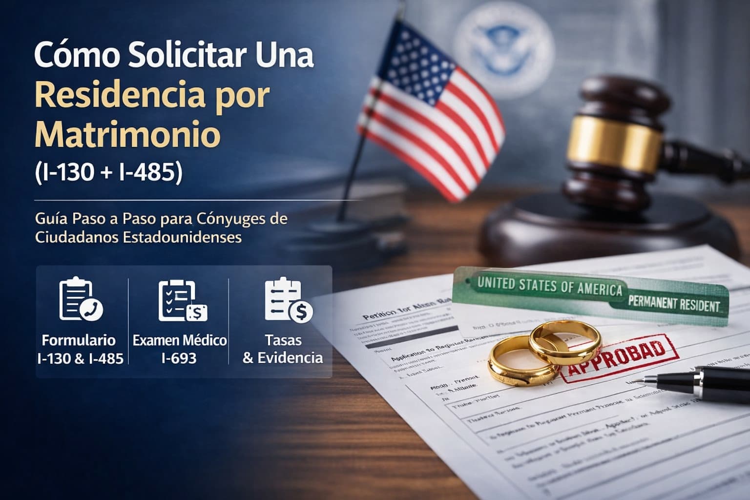 C&oacute;mo solicitar una residencia por matrimonio en EE. UU. mostrando formularios I-130 e I-485, anillos de boda y documentos de inmigraci&oacute;n aprobados.