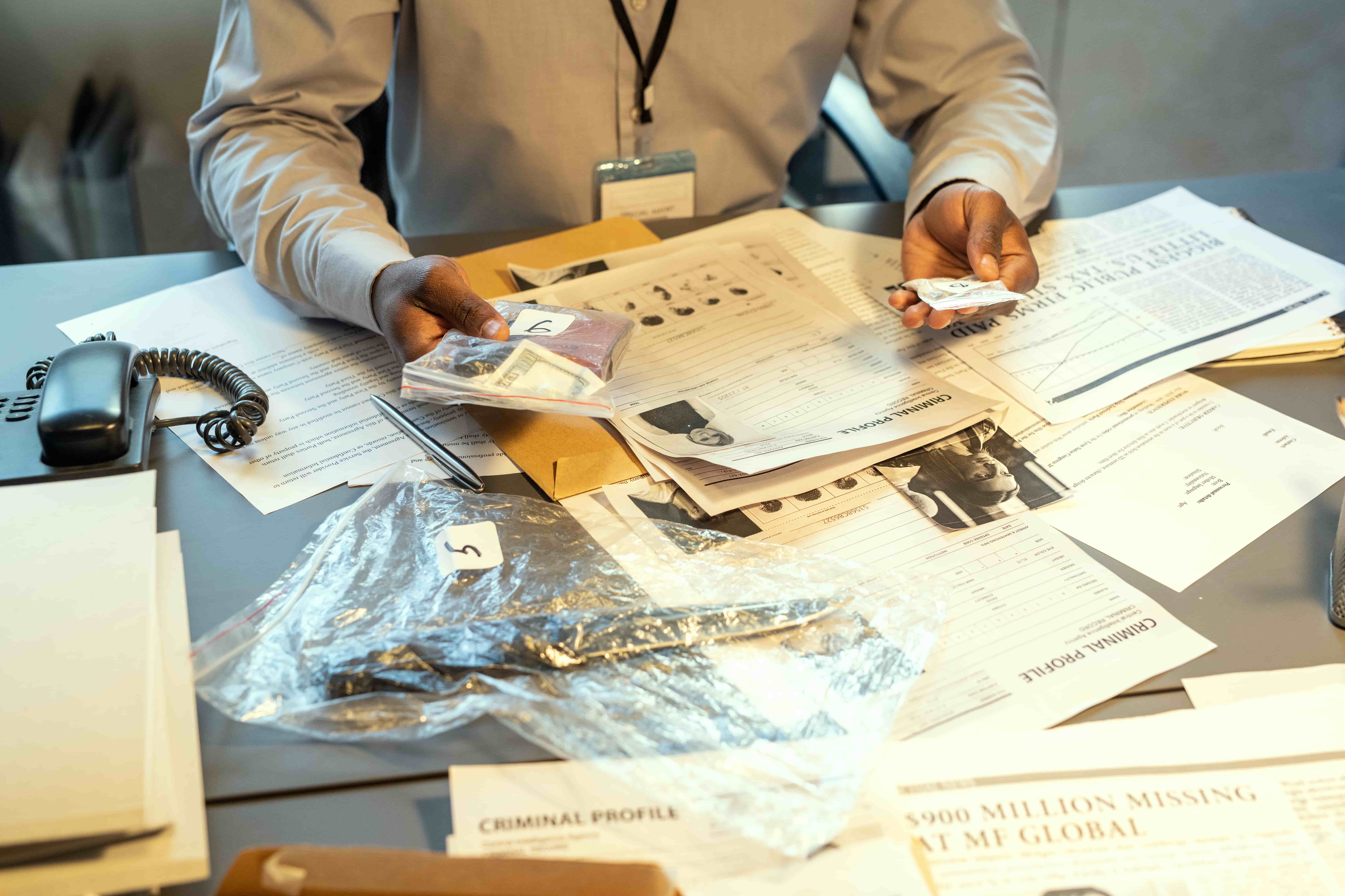 Criminal investigator reviewing evidence bags and case documents during an active investigation.