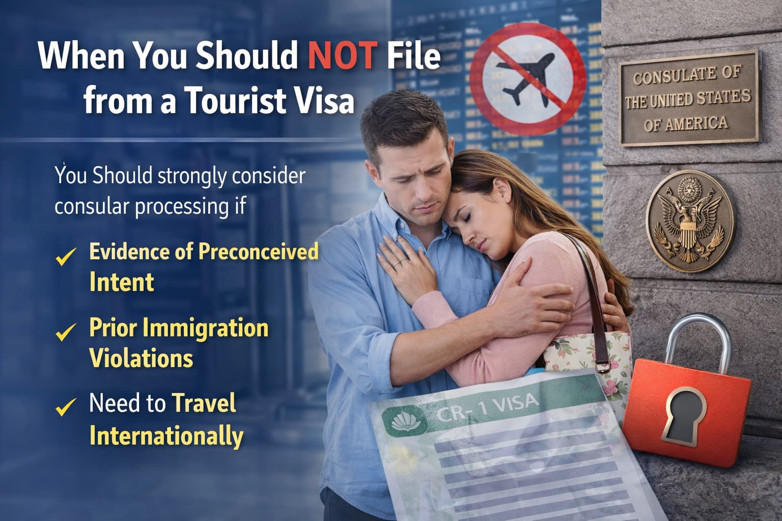 Couple outside a U.S. consulate illustrating when not to file a green card from a tourist visa and why consular processing may be safer