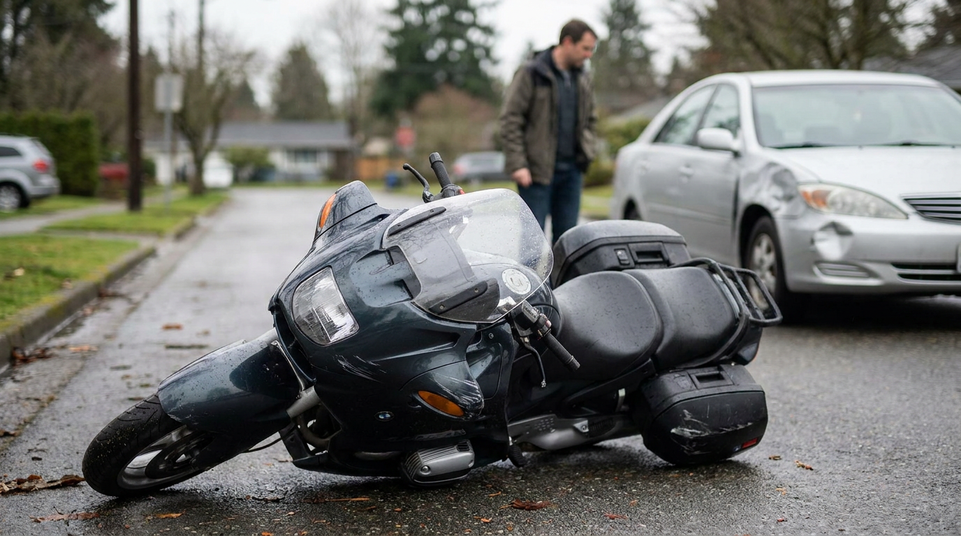 Uma imagem fotorrealista de um motociclista usando capacete, inspecionando sua motocicleta danificada — com o tanque de combustível arranhado — após uma colisão em um cruzamento da cidade, tendo ao fundo um sedã desfocado com o para-lama dianteiro amassado e seu motorista, representando os casos de colisões atendidos por um advogado especializado em acidentes de motocicleta em Revere.