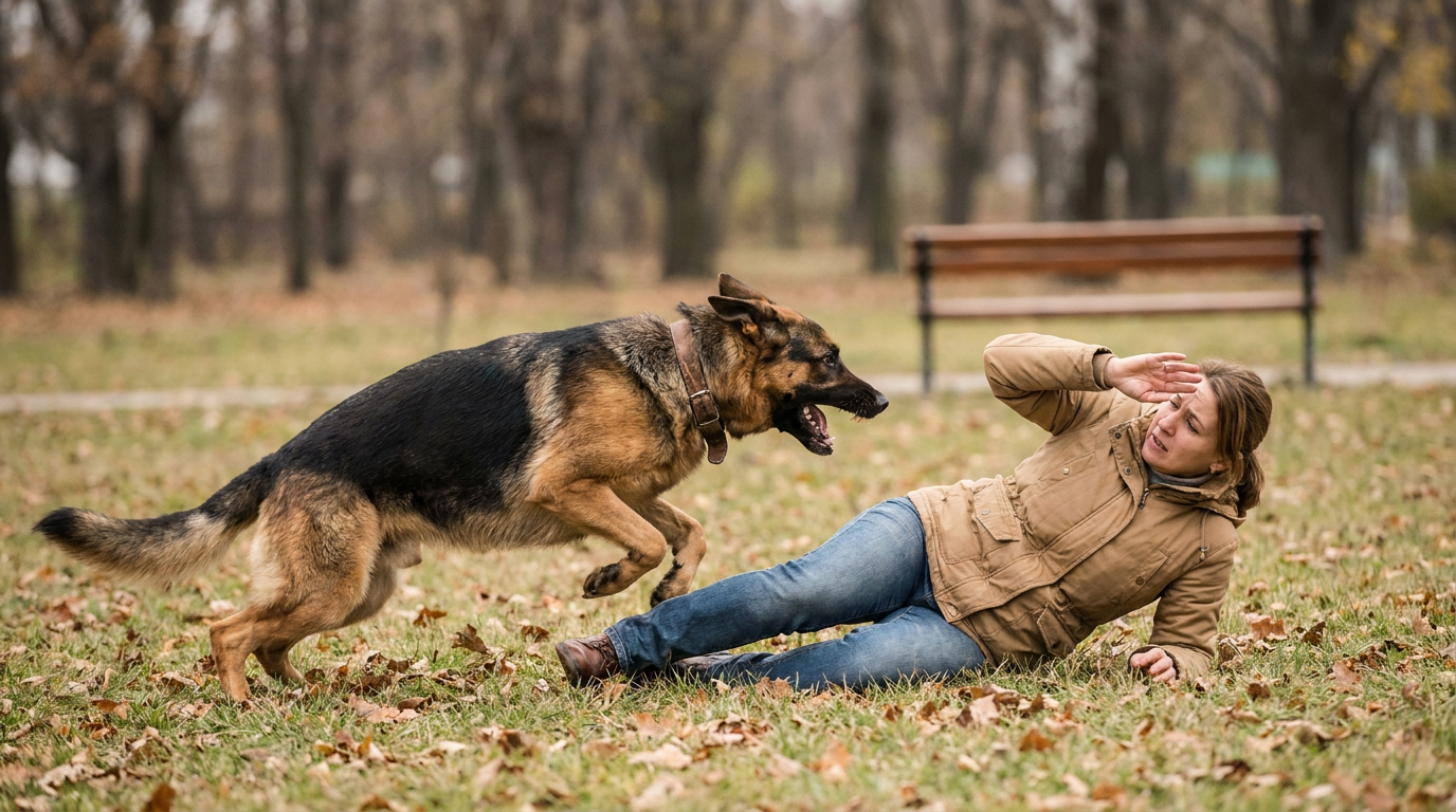 German Shepherd lunging at a woman knocked to the ground in a Manchester, NH park