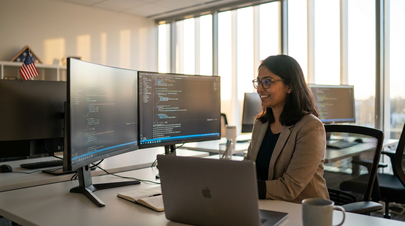 Engenheira de software confiante, em pé em um escritório moderno, representando uma profissional da área de tecnologia que se qualifica para o green card EB2-NIW
